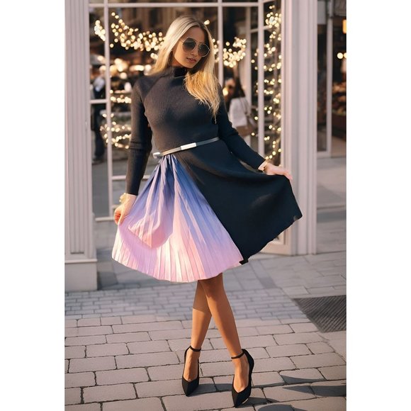 Chicwish Dresses & Skirts - NWT GRADIENT PLEATED SPLICING BELTED KNIT DRESS IN BLACK